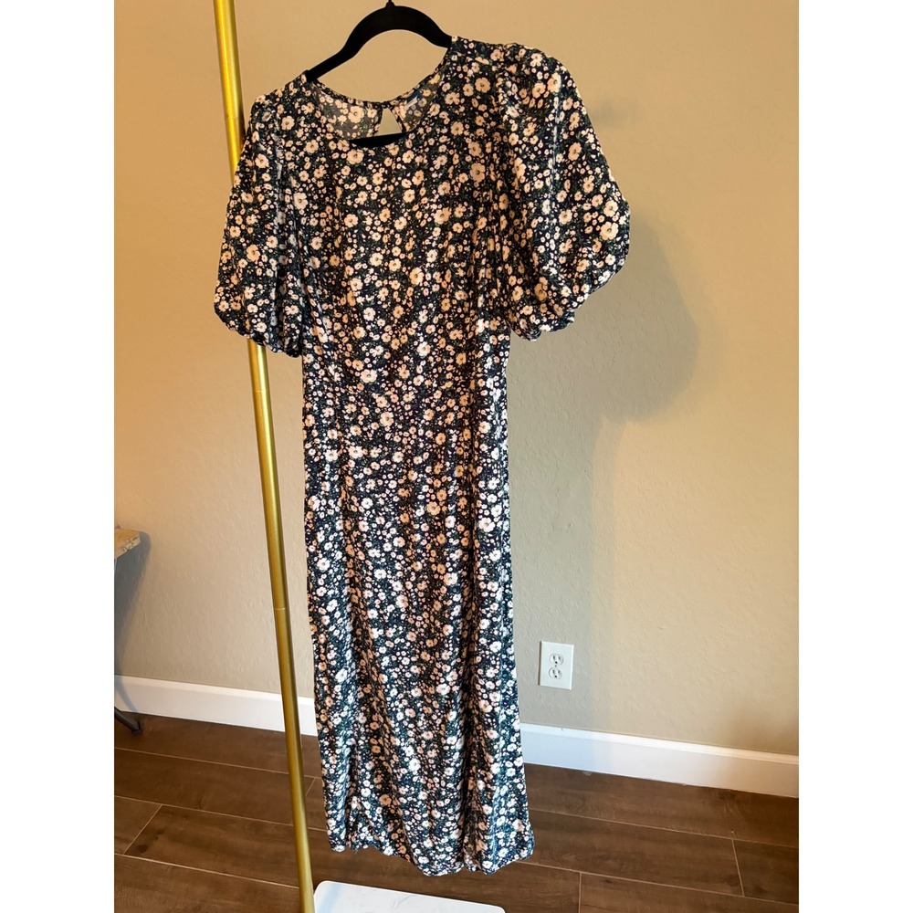 Old Navy Midi Dress Floral Puff Sleeve Open Back‎ Smocked L Cottagecore Garden
